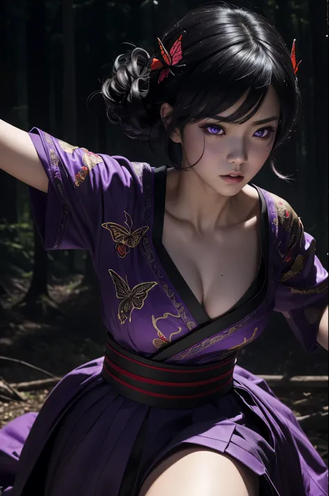 8K,Women in traditional Japanese costumes fighting,(dark shot:1.4), 80mm, (dark shot:1.4), 80mm, epic real, Big eyes,Black hair short bob hair,black and purple butterfly hair ornament,black kimono and red obi,black butterfly pattern(Precise butterfly embro...