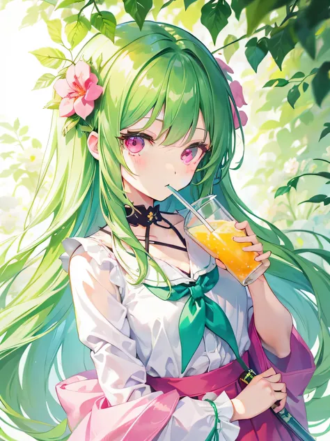 no background,green long hair cartoon girl drinking a drink,Many flowers are blooming in my hair,Soda themed girl,  Cute girl anime visual, pink eyes,cute anime face, kawaii anime manga style