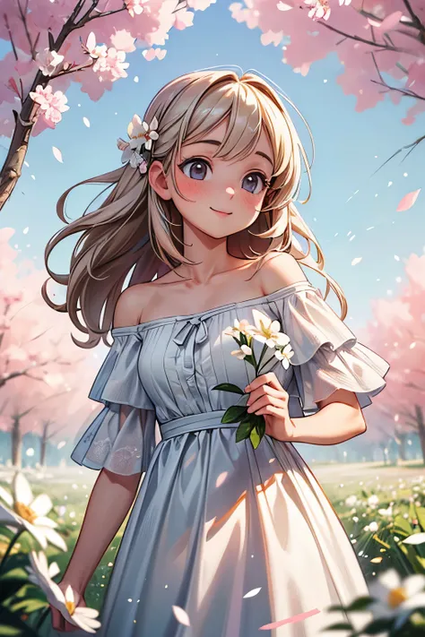 ((Masterpiece)), ((best quality)), (Professional Photography:1.2), Best quality, masterpiece, ultra high res, (photorealistic:1.4), raw photo, 1girl, white dress, off shoulder, blossom flower field, glowing skin, light smile