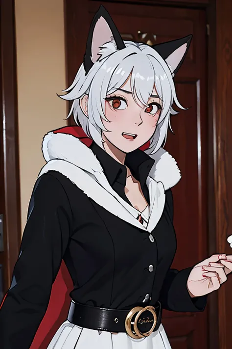 (Top quality), (rich detail), (highest quality), (masterpiece), (highresolution),1girl,animal_ears,red_eyes,looking_at_viewer,ahoge,solo,Hair lines are reduced,belt,bangs,hood,animal_ear_fluff,A dagger,indoors,long_sleeves,hood_down,shirt,open_mouth,Smile,...