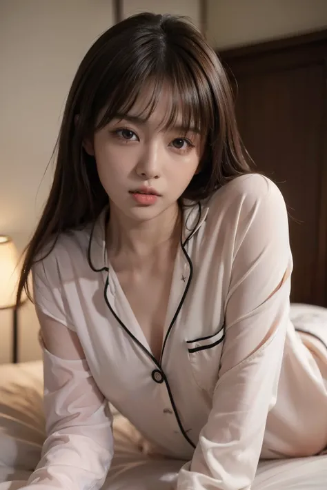 (8k, RAW photo, best quality, masterpiece:1.2), (realistic, photo realistic:1.4), (extremely detailed, 8k, wallpaper), sharp focus, professional lighting, portrait, slim, (beautiful Japanese woman), 20 years old k-pop idol,  bent over, bed, pajamas, medium...