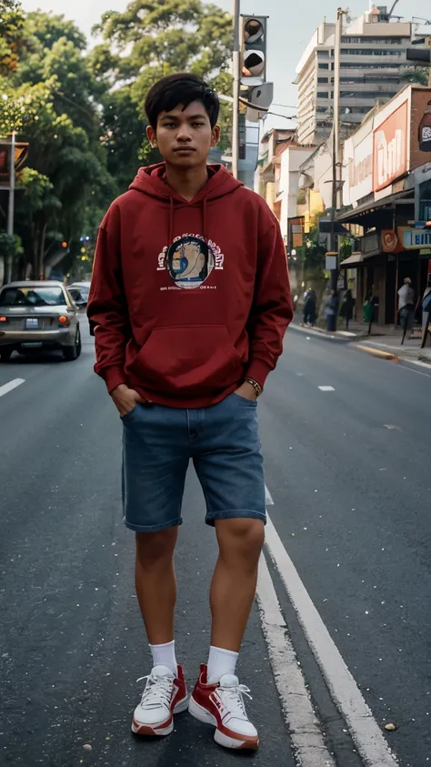 a young Indonesian man aged 30 years wearing a red GAP brand hoodie wearing jeans shorts wearing shoes accompanied by a giant squirrel holding a coconut in the background in the middle of the highway near a red light and people were amazed by this young ma...