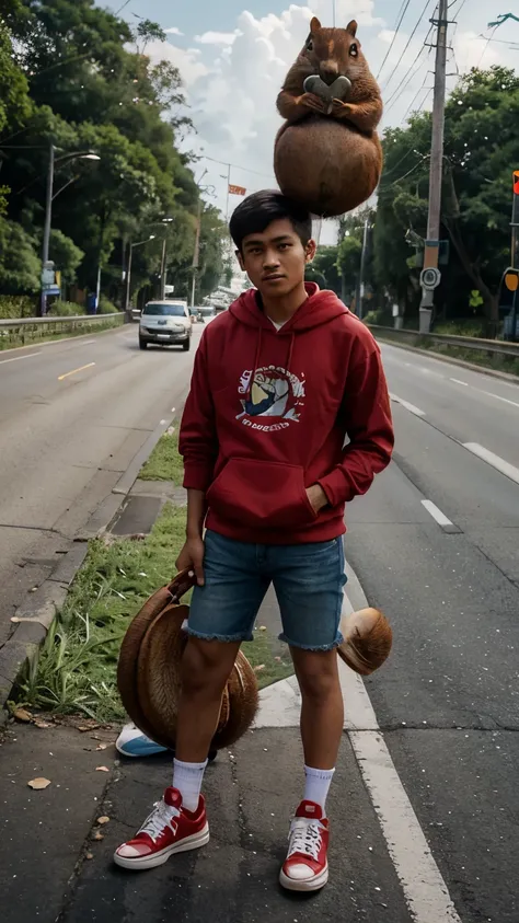 a young Indonesian man aged 30 years wearing a red GAP brand hoodie wearing jeans shorts wearing shoes accompanied by a giant squirrel holding a coconut in the background in the middle of the highway near a red light and people were amazed by this young ma...