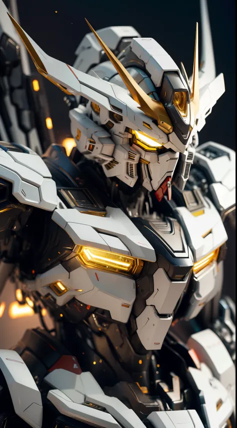 BJ_Gundam,solo,looking_at_viewer,yellow_eyes,no_humans,glowing,robot,portrait,mecha,glowing_eyes,science_fiction,straight-on,v-fin,mobile_suit,cinematic lighting,strong contrast,high level of detail,Best quality,masterpiece,