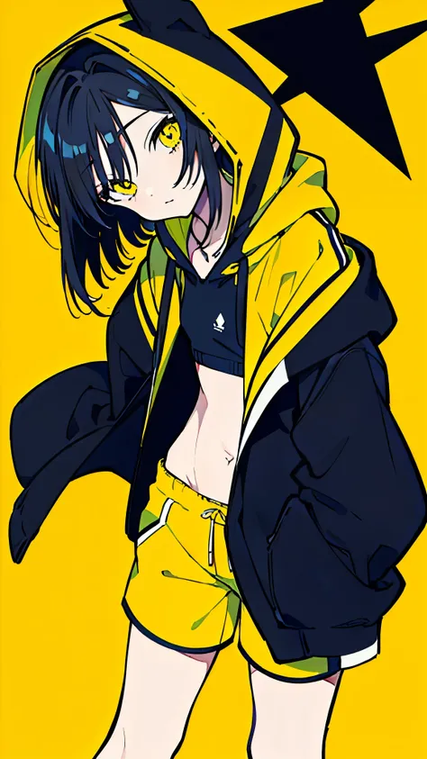 (masterpiece, highest quality:1.6), alone, thick outline, (simple background, Dark yellow background, monochrome, dark yellow theme:1.2), official art, Key Visual, 8K, disorganized, whole body, (Unique hair, Oversized Hoodies, hot pants, arch back, short t...