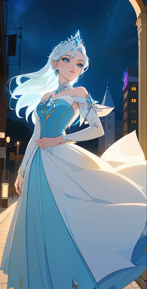 Crie a imagem da Princesa Elsa do desenho Frozen sofisticada e elegante no escuro, Mystical eyes and porcelain skin in a alto-fashion urban environment. (estilo: fotografia de moda, Os artistas: art stations, scenario: City Street at Night, lighting: Drama...