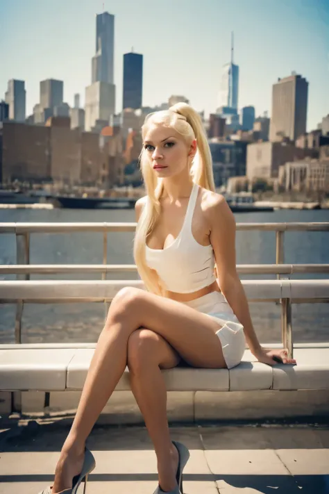 blond woman with ponytail sitting on bench in urban area with city skyline in background, a photorealistic painting inspired by ...