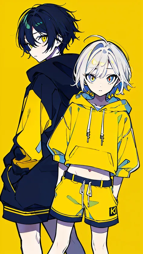 (masterpiece, highest quality:1.6), alone, thick outline, (simple background, Dark yellow background, twins, monochrome, dark yellow theme:1.2), official art, Key Visual, 8K, disorganized, whole body, (Unique hair, Oversized Hoodies, hot pants, arch back, ...