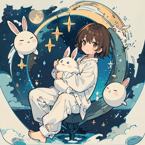 A brown-haired boy wearing white pajamas is crying while holding a stuffed rabbit. Starry skies, tears, a big moon, the world of childrens picture books,