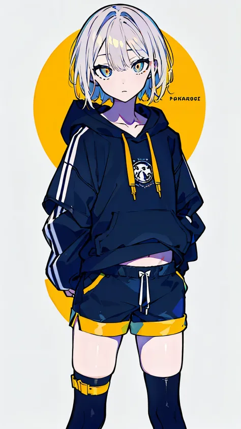 (masterpiece, highest quality:1.6), alone, thick outline, (simple background, Dark yellow background, twins, monochrome, dark yellow theme:1.2), official art, Key Visual, 8K, disorganized, whole body, (Unique hair, Oversized Hoodies, hot pants, arch back, ...