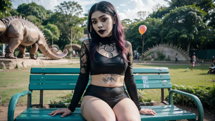 ((Benevolent athletic ((Indonesian)) (pastel goth) clown)) with (curly multi-colored hair) sitting on park bench while making balloon animal, wearing loose fitting clown attire, wearing smartwatch, plump thighs, high quality photo, sitting in the middle of...