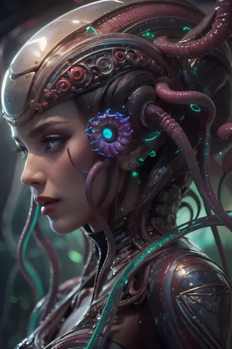 (1 beautiful and obscene female alien:1.4), (There is a female genital-like organ in the middle of her forehead:1.95), She has medusa-like hair, (there are lots of translucent tentacles from her head like her hair:1.5), (vulgarity1.7), (she is looking down...