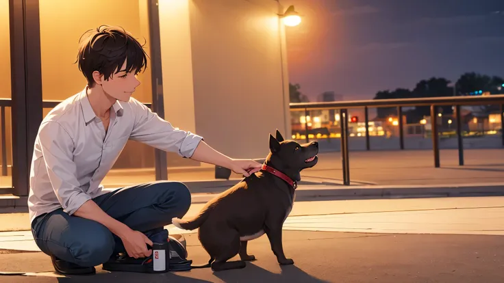 man playing with dog at night