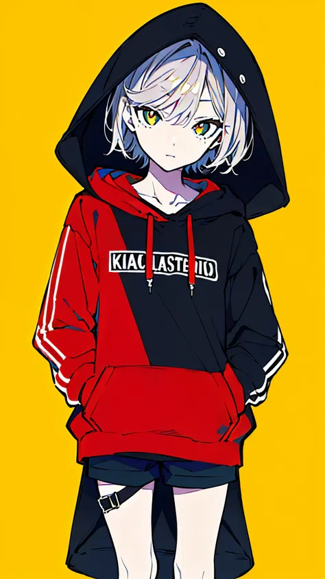 (masterpiece, highest quality:1.6), alone, thick outline, (simple background, Dark yellow background, monochrome, dark yellow theme:1.2), official art, Key Visual, 8K, disorganized, whole body, (Unique hair, Oversized Hoodies, There is one black eye spot o...