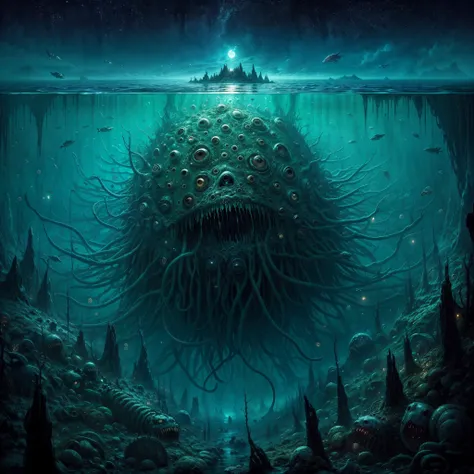 hp.lovecraft, image of a super deep lake,an eldritch being under it, horror environment , underwater eldritch being,lots of tent...