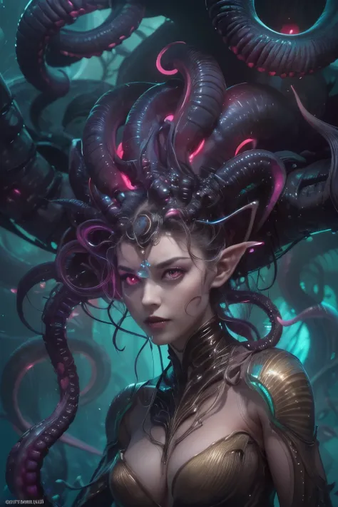 (1 beautiful and obscene female alien:1.4), (There is a female genital-like organ in the middle of her forehead:1.95), She has medusa-like hair, (there are lots of translucent tentacles from her head like her hair:1.5), (vulgarity1.7), (she is looking down...