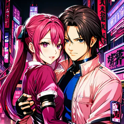 anime couple hugging in the middle of a city street, Estilo Rei dos Lutadores, Sakimichan e Frank Franzzeta, Misato Katsuragi, Arte Promocional, frank franzzeta e sakimichan, personagem do rei dos lutadores, snk, como um personagem em Tekken, anime cyberpu...