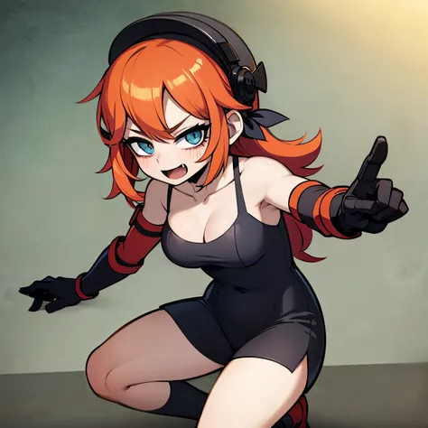 Imagen anime de una chica de cabello naranja y muy corto que es muy musculosa viste que un uniforme de colegiala muy ajustado y usa unos guantes negros 