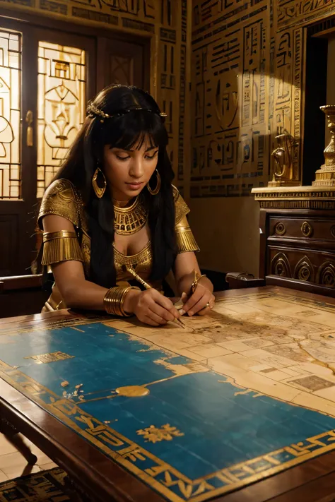 Cleopatras strategic war room,(best quality,4k,8k,highres,masterpiece:1.2),ultra-detailed,(realistic,photorealistic,photo-realistic:1.37),strategically placed candles for atmospheric lighting,medium:seamless integration of historical paintings and digital ...