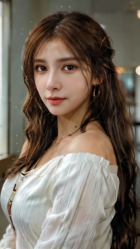 brown hair, multicolored hair, hair over shoulder, long hair, hime cut, wavy hair, high ponytail, feather hair ornament, mismatched pupils, half-closed eye, crystal earrings, makeup, light smile, cinematic lighting, depth of field, social media composition...