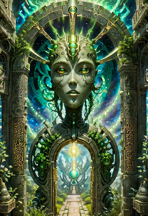 art by mooncryptowow, In the heart of the cosmos, a symmetrical, Forgotten Gateway of Time and Space emerges, Its gelatinous walls engraved with alien language symbols, lighting strike at the gate, God rays,