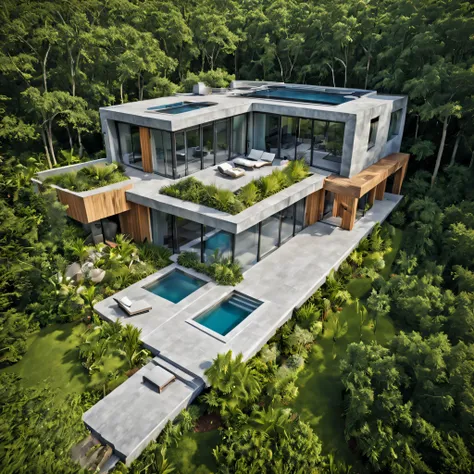 imagine a bird view at modern mansion with concrete and oak wood elements, surrounded by nature. embrace sleek, contemporary arc...