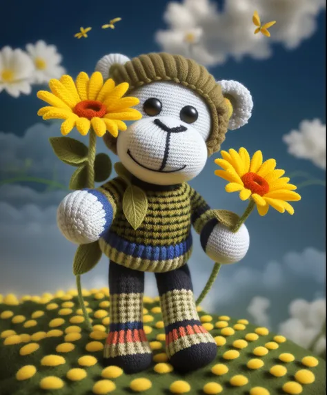 A knitted toy monkey walks among knitted flowers under knitted clouds, Close-up, 8k, 3D, Digital painting, кинематографический 4D-рендеринг, super high quality textures, rich 3D rendering, Octane render, Unreal V5 engine