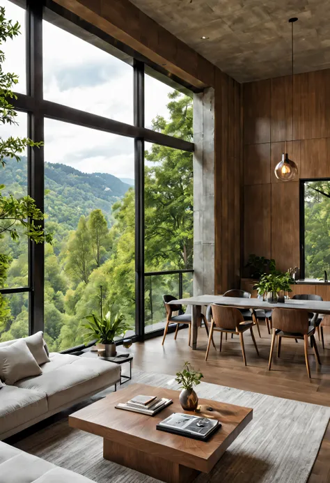 design a modern mansion that seamlessly integrates concrete and oak wood elements, set amidst a natural landscape. emphasize sle...