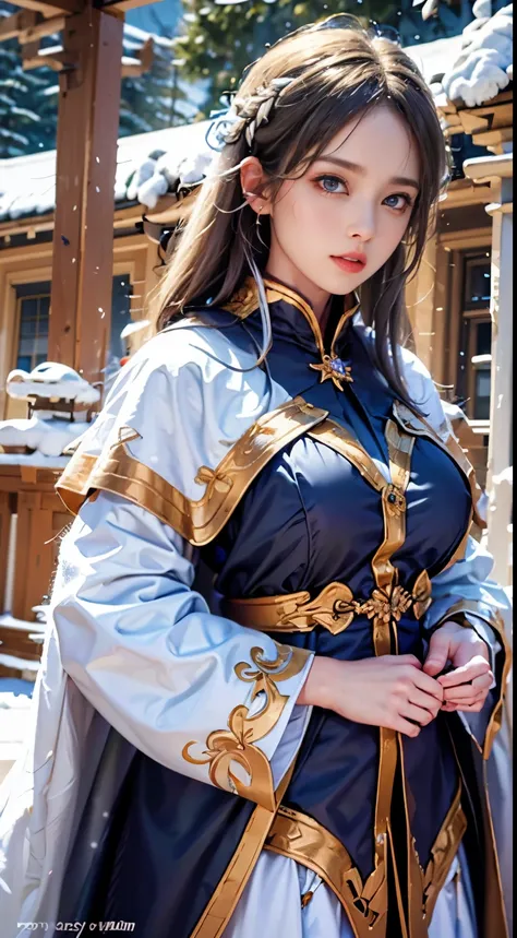 photorealistic, masterpiece, photorealistic, high resolution, soft light, hips up, (Lolita costume)，Gorgeous costumeace the audience，(The upper part of the body，upper legeautidful eyes, Brown hair, ringed eyes, (outside，Heavy snowfall，Thick fur cape，Cover ...