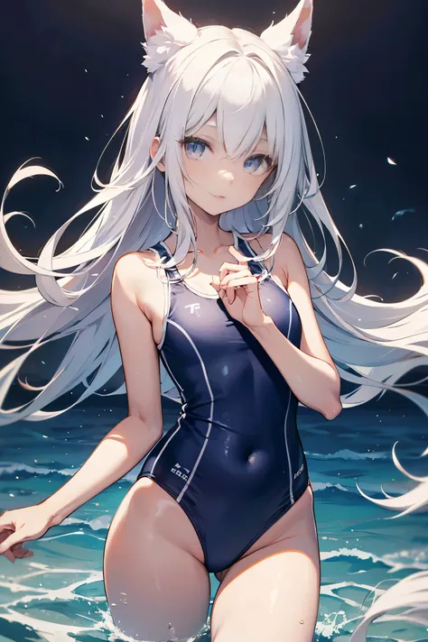 High quality、highest quality、complete limbs、Ultra high definition、Shining eyes、Full hands and fingers、slender beauty、wearing a white school swimsuit、white skin