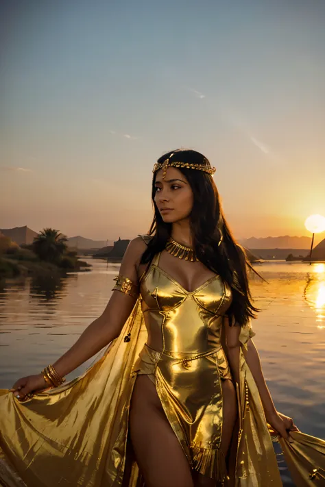 Cleopatra on the Nile at sunset：

"Egyptian Queen Cleopatra in golden robe，Standing by the Nile，The background is a golden desert and winding river at sunset。"