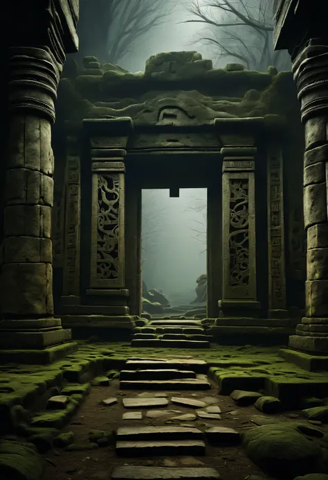 scenography，very unified cg scenes，well worn，it&#39;s foggy，
（an ancient and mysterious door in the ruins connects different tim...