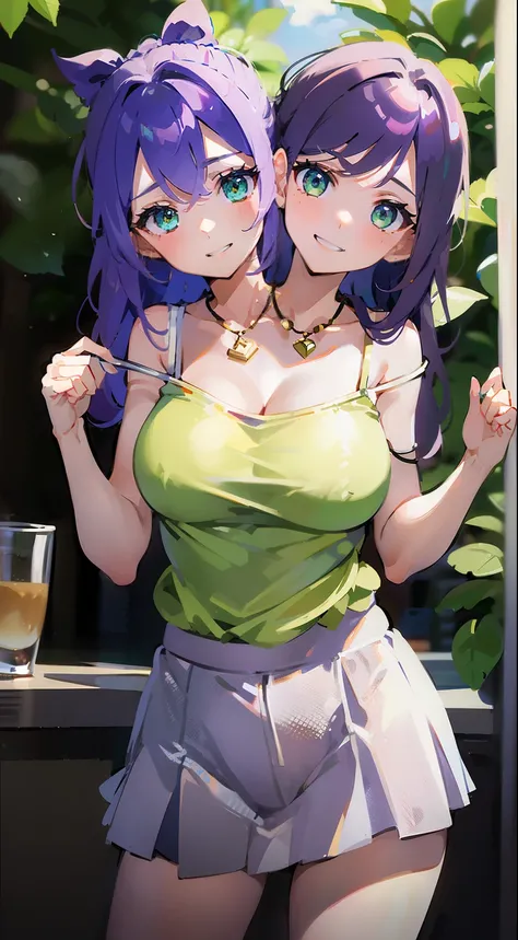 best quality, (masterpiece),(ultra-detailed), (high quality), (high resolution), (2heads:1.5) (violet hair), (green eyes), best quality:1.5, highres, UHD, 4K), smiling, best quality, highres, masterpiece, best quality, 4k, handbag, ponytail, tank top, neck...