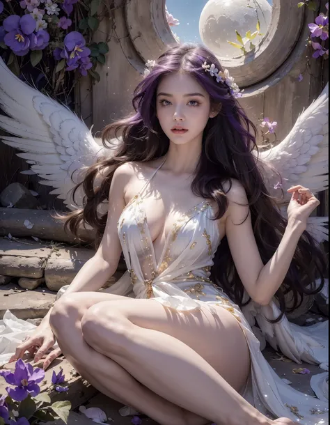 (((RAW photo , insanely detailed, highest quality, high resolution, solo,)))

break、(contrast:1),  full body、 Seen from directly above, lying in a field of flowers, back on the floor、Seductive pose、

break、 (((violet hair Beach waves hairstyle ))), (((cosm...