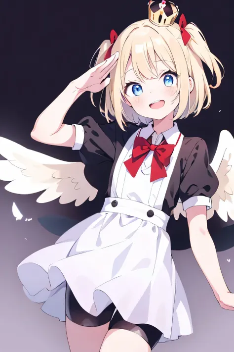 Short to Side Up, blonde, red bow, hair ribbon, blue eyes, nice big eyes, baby face, ((with black and white wings)), teenager, very short hair, white dress, Black Bike Shorts, mini crown, laughter, girl, 12 years old,  one-handed salute