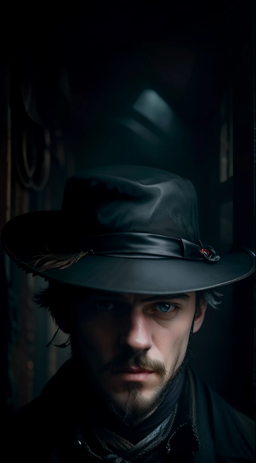 "Real 8k images of Jack the Ripper, Wear a hat that covers your eyes and make direct eye contact with the viewer, Depicted in a dark and mysterious style."