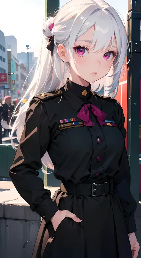 best picture quality, 8K, high quality, masterpiece:1.2), ((masterpiece)), (high detail, high quality, best picture quality), bokeh, DOF, Portrait, open stance, (cute illustration:1.2), white hair, magenta eyes, military, girl, standing, black uniform, bla...