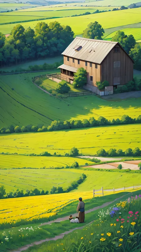 The father and son engaging with a humble family on their farm,old wooden farm house,barn. The surroundings should reflect simplicity, with a small farmhouse and lush green fields. (best quality,4k,8k,highres,masterpiece:1.2),ultra-detailed,realistic:1.37,...