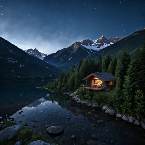 imagine a modern, luxurious hut nestled under the stars with majestic mountains in the background and a serene lake beside it. d...