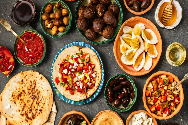 a table full of different types of food including pita bread, olives, and other foods, middle eastern, middle eastern style vend...