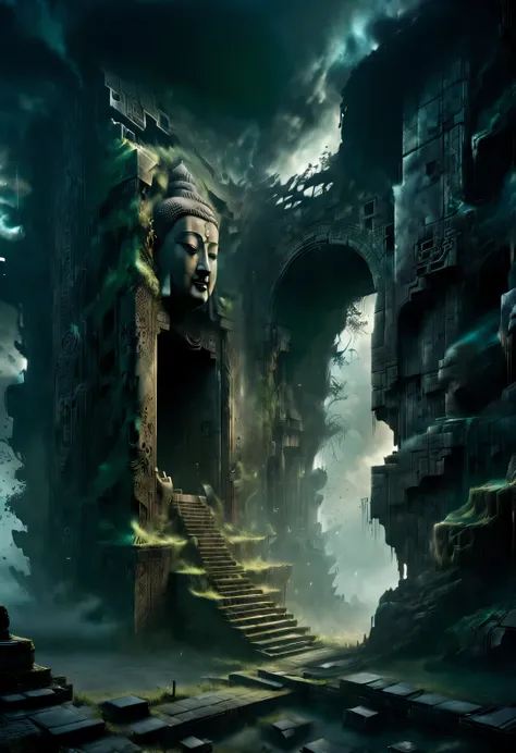 scenography，Very unified CG scenes，（well worn），（Dense fog），Aerial style, Double exposure style, Beautiful detailed （There is an ancient and mysterious giant Buddha head door in the ruins，Connecting different time and space，Leads to the sky.），Its appearance...