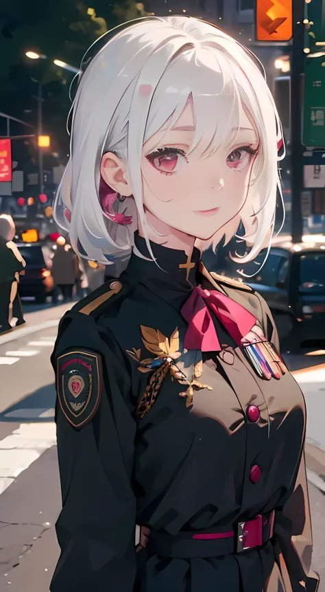 best picture quality, 8K, high quality, masterpiece:1.2), ((masterpiece)), (high detail, high quality, best picture quality), bokeh, DOF, Portrait, open stance, (cute illustration:1.2), white hair, military, 1girl, magenta eyes, standing, black uniform, bl...