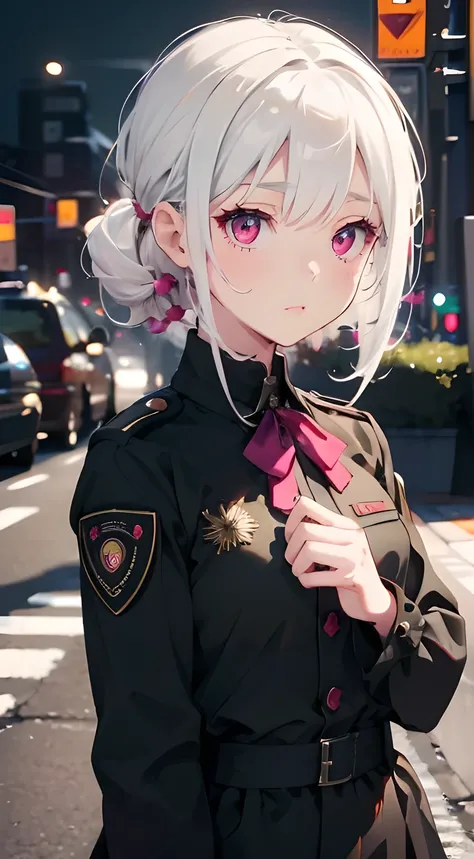 best picture quality, 8K, high quality, masterpiece:1.2), ((masterpiece)), (high detail, high quality, best picture quality), bokeh, DOF, Portrait, open stance, (cute illustration:1.2), white hair, military, 1girl, magenta eyes, standing, black uniform, bl...