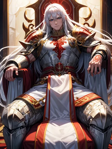 White long hair emperor of fire, fire aura, manly muscular and athletic body, red and white full plate armor, gentle smile, sitting on a throne, paladin armor, manly face, expressive blue eyes