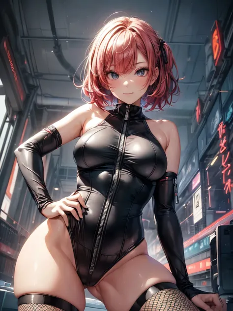 highest quality、All limbs、full finger、((one beautiful woman、solo))、((red hair woman))、short hair、big breasted woman、((Black leotard with front zipper:1.2))、(((The zipper is pulled down to the bottom, exposing your stomach.)))、big smile、Fishnet tights、(((No...