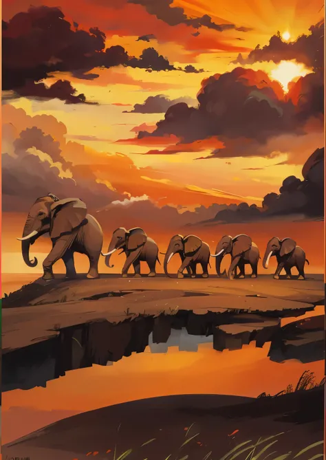 (best quality, masterpiece:1.2),dramatic image,painting,beautiful colors,stunning nature,orange sky,perfectly detailed elephants,detailed elephants