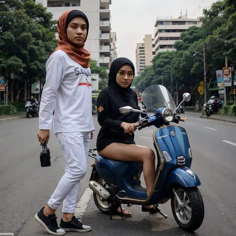 Karikatur seorang cowok memakai baju, dan seorang cewek memakai hijab.sedang berboncengan naik vespa,di jalan kota, realistis