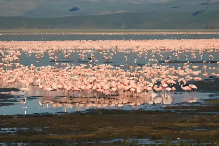 flock of flamingos in a large body of water with a mountain in the background, flamingoes, flamingos, stunning sight, flamingo, wide angle panorama, pink reflection, looking from a distance, 2447, pink water in big bathtub, author：Jürgen von Hundberg, clos...