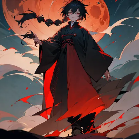 1male, teen, finely detailed red eyes, black and red yukata, short messy black hair with single braid in front, black and red yukata, fur poncho, peasant clothing, night time, blood moon, standing on path, forest, vampire 