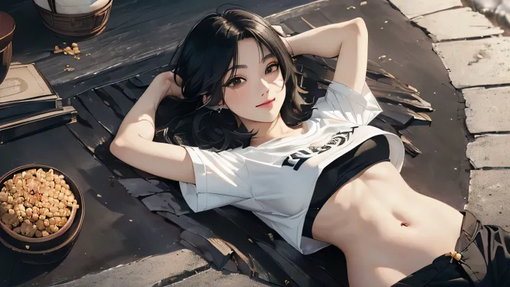 (((Highly detailed CG unit 8k wallpaper:1.2, masterpiece, High resolution:1.2, highest quality:1.2, table top))), ((very beautiful woman, Short T-shirt that shows off your toned belly button:1.5)), ((highly detailed face, Highly detailed black eyes, extra ...